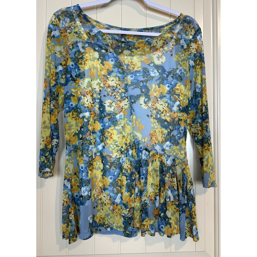 Skyes The Limit Womens Multicolor Floral sheer mesh long sleeve top sz L 90s Y2K